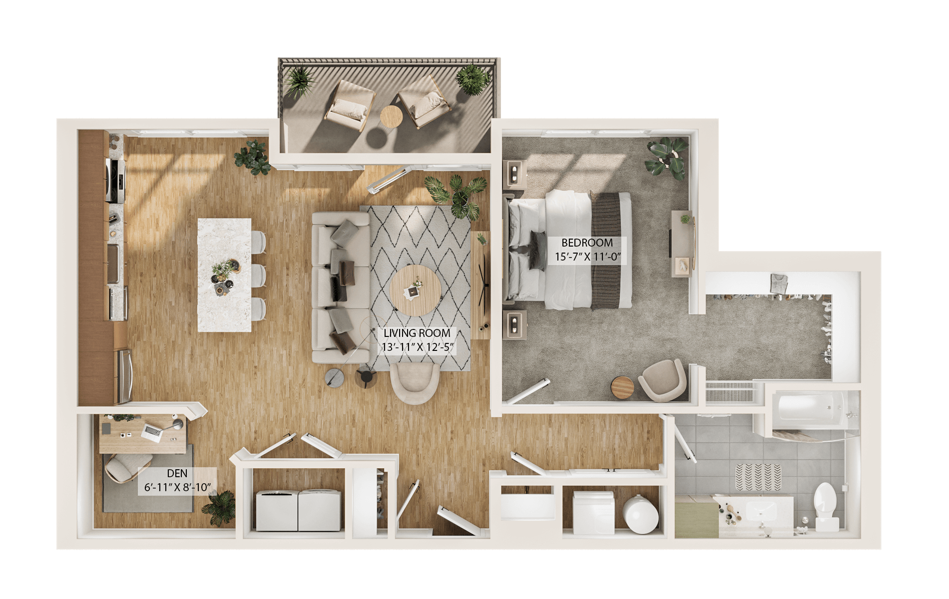 Rendering of the 1 Bed/1 Bath Den-A4D floor plan with 1 bedroom[s] and 1 bathroom[s] at Piper