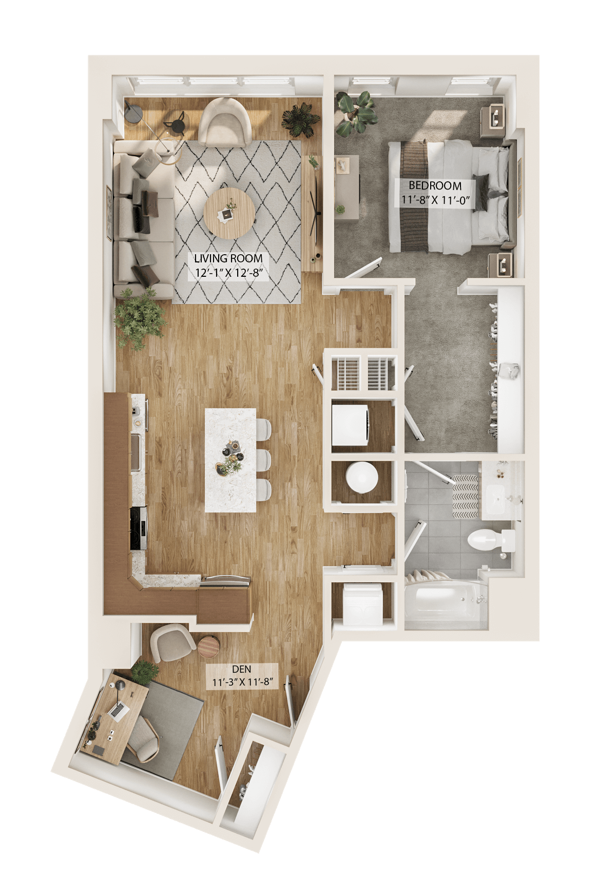 Rendering of the 1 Bed/1 Bath Den-A7D floor plan with 1 bedroom[s] and 1 bathroom[s] at Piper