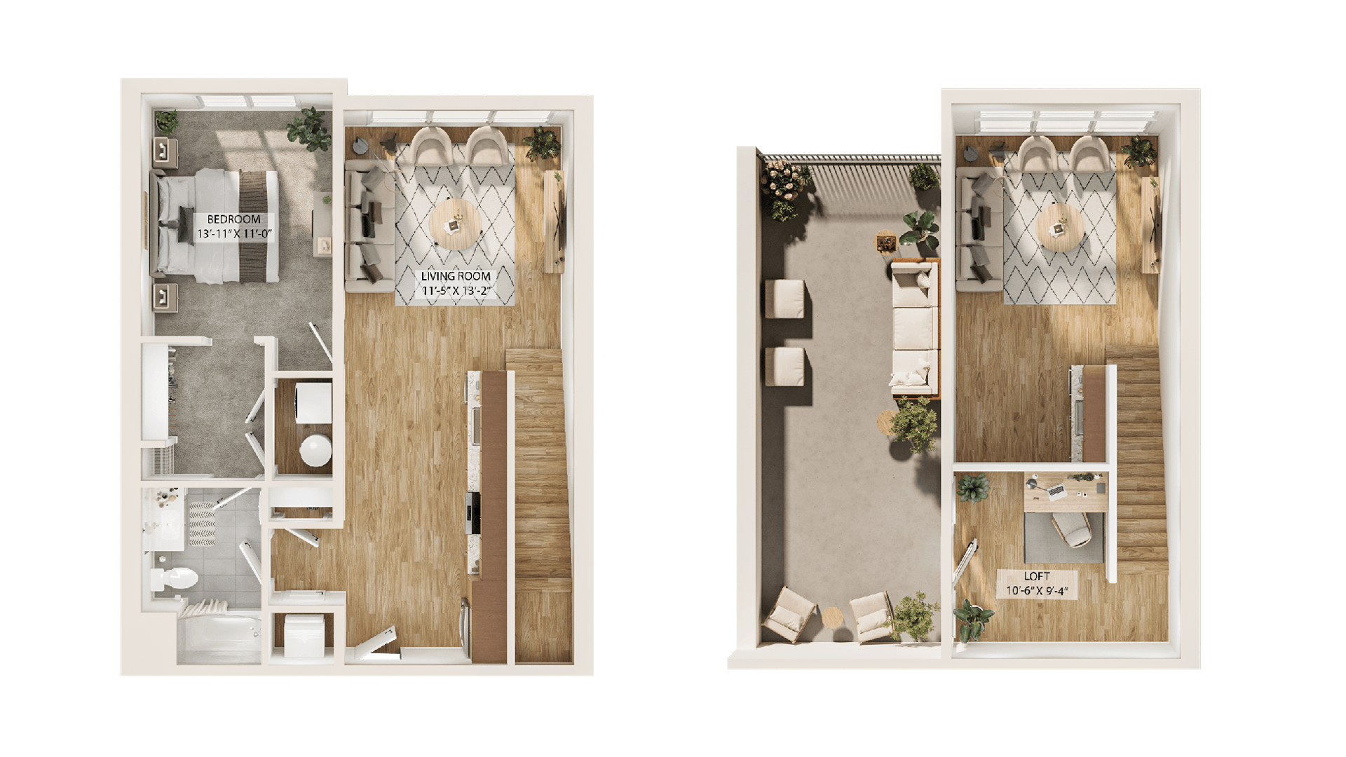Rendering of the 1 Bed/1 Bath Loft-A1L floor plan with 1 bedroom[s] and 1 bathroom[s] at Piper