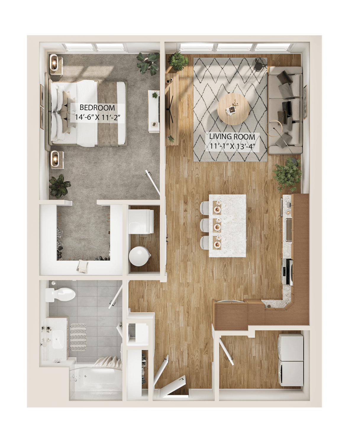 Rendering of the 1 Bed/1 Bath-A6 floor plan with 1 bedroom[s] and 1 bathroom[s] at Piper