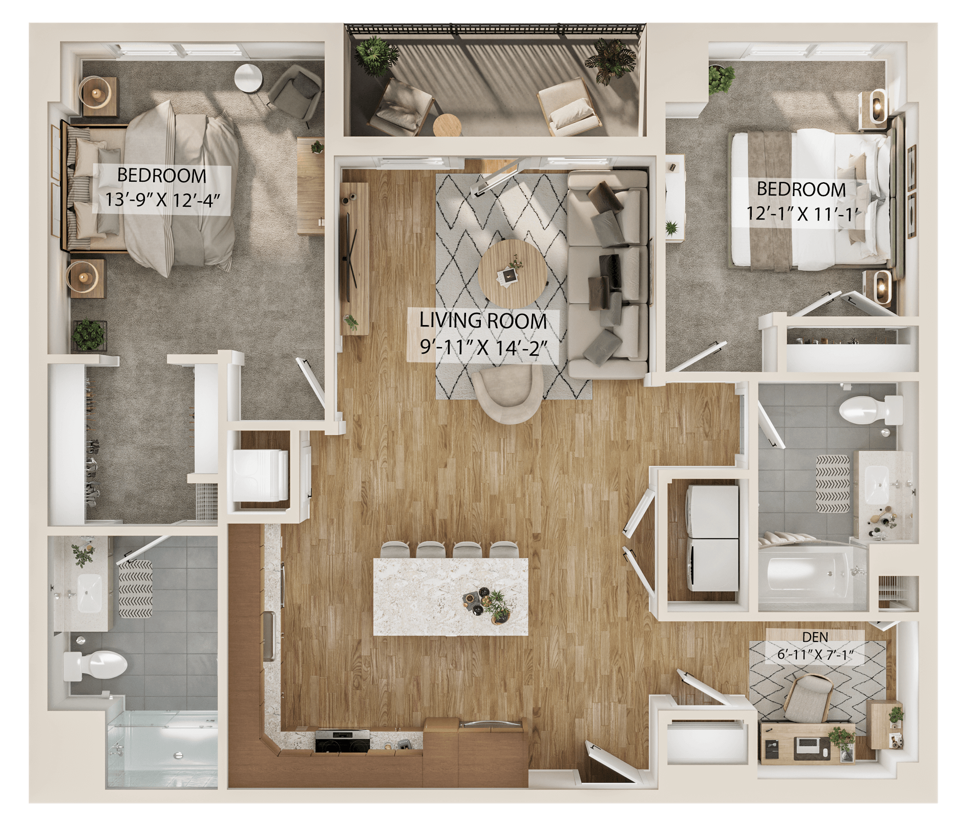 Rendering of the 2 Bed/2 Bath Den-B7D floor plan with 2 bedroom[s] and 2 bathroom[s] at Piper