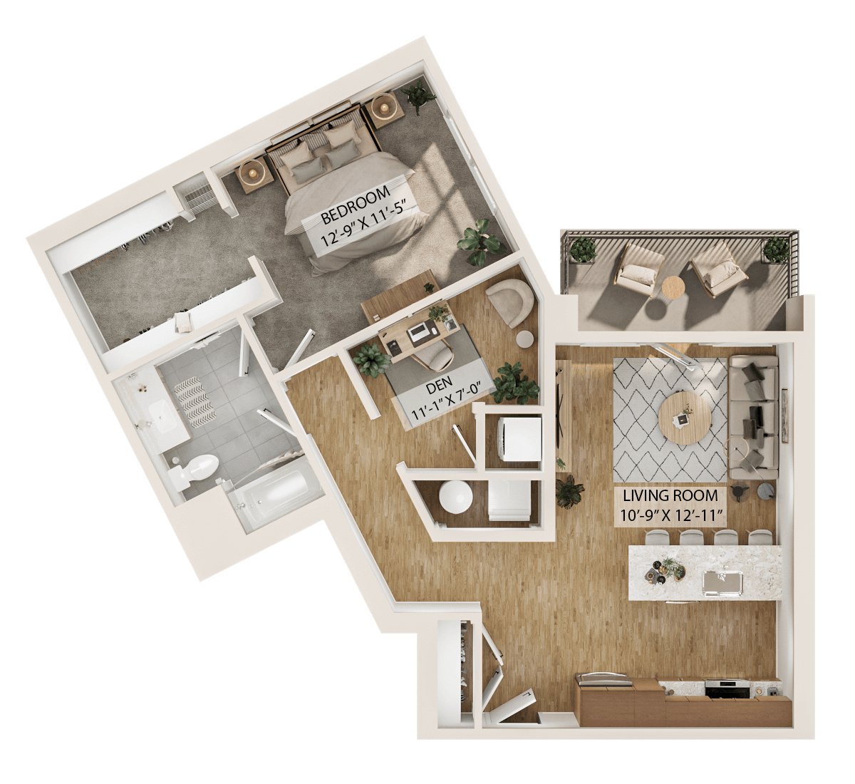 Rendering of the 1 Bed/1 Bath Den-A5D floor plan with 1 bedroom[s] and 1 bathroom[s] at Piper