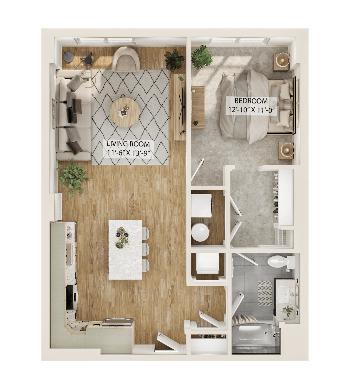 Rendering of the 1 Bed/1 Bath-A7 floor plan with 1 bedroom[s] and 1 bathroom[s] at Piper