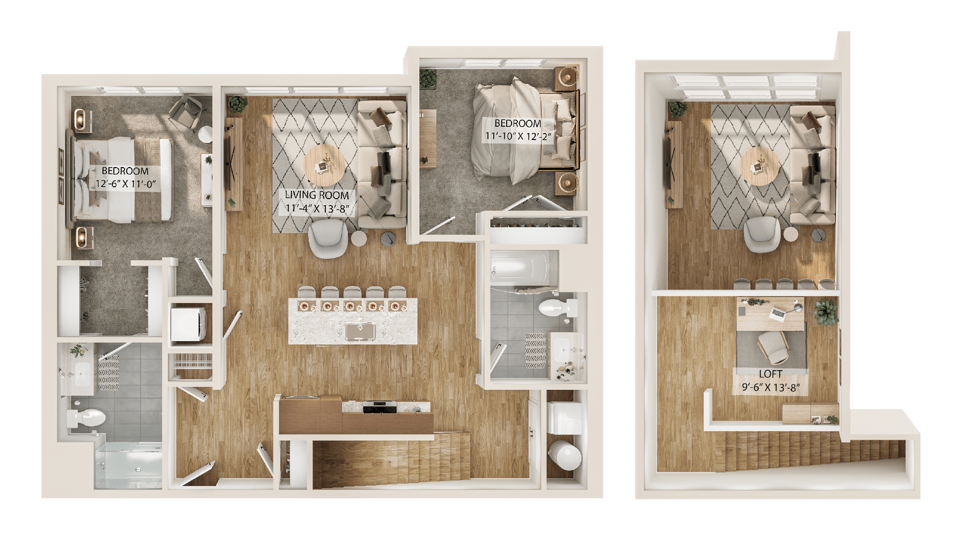 Rendering of the 2 Bed/2 Bath Loft-B3L floor plan with 2 bedroom[s] and 2 bathroom[s] at Piper