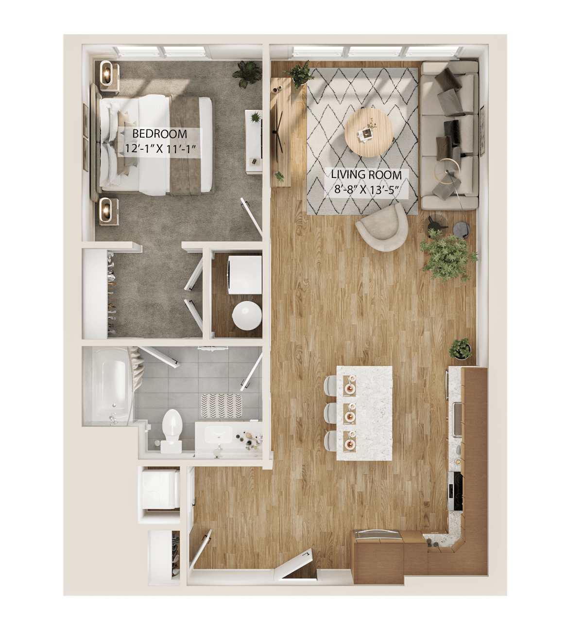 Rendering of the 1 Bed/1 Bath-A8 floor plan with 1 bedroom[s] and 1 bathroom[s] at Piper