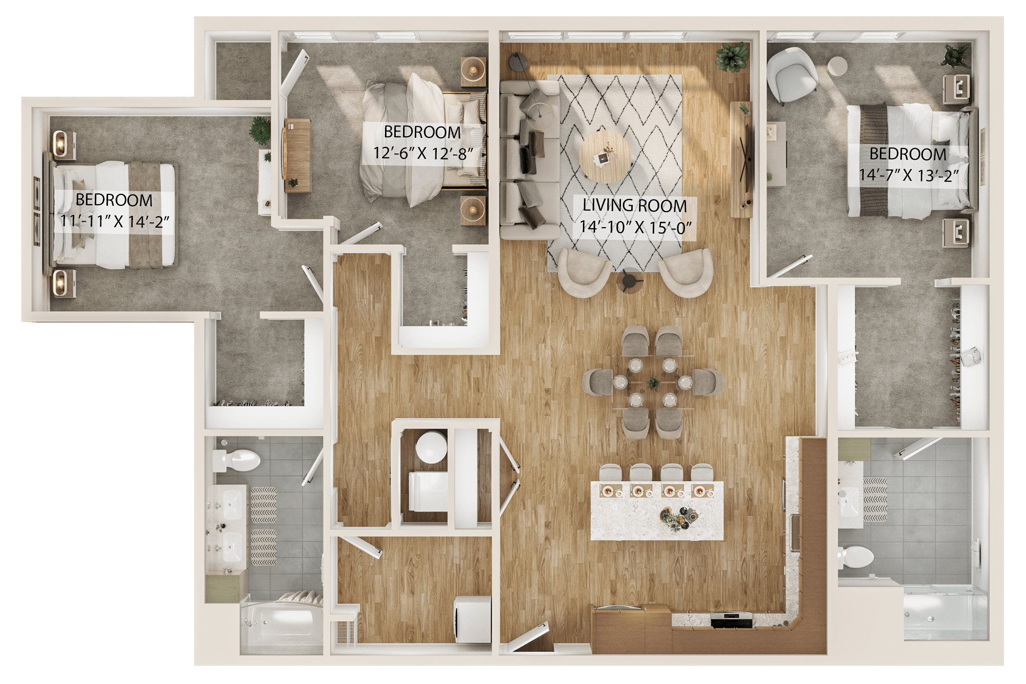 Rendering of the 3 Bed/2 Bath-C1 floor plan with 3 bedroom[s] and 2 bathroom[s] at Piper