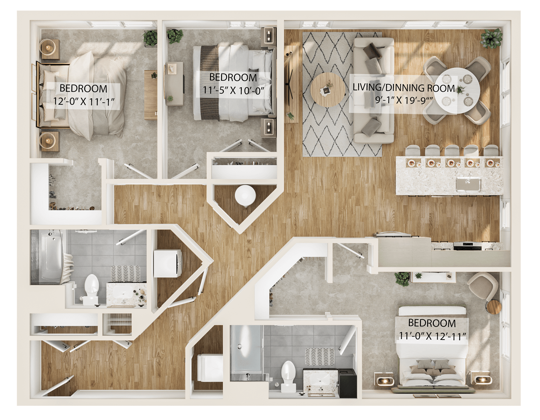 Rendering of the 3 Bed/2 Bath-C2 floor plan with 3 bedroom[s] and 2 bathroom[s] at Piper