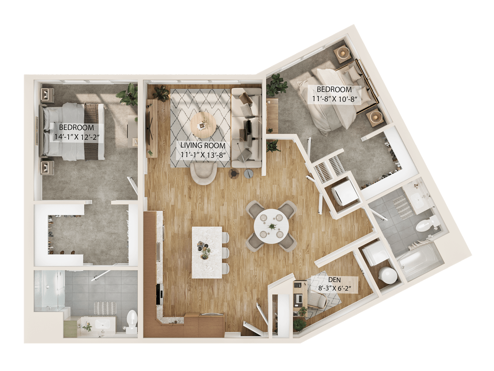 Rendering of the 2 Bed/2 Bath Den-B2D floor plan with 2 bedroom[s] and 2 bathroom[s] at Piper
