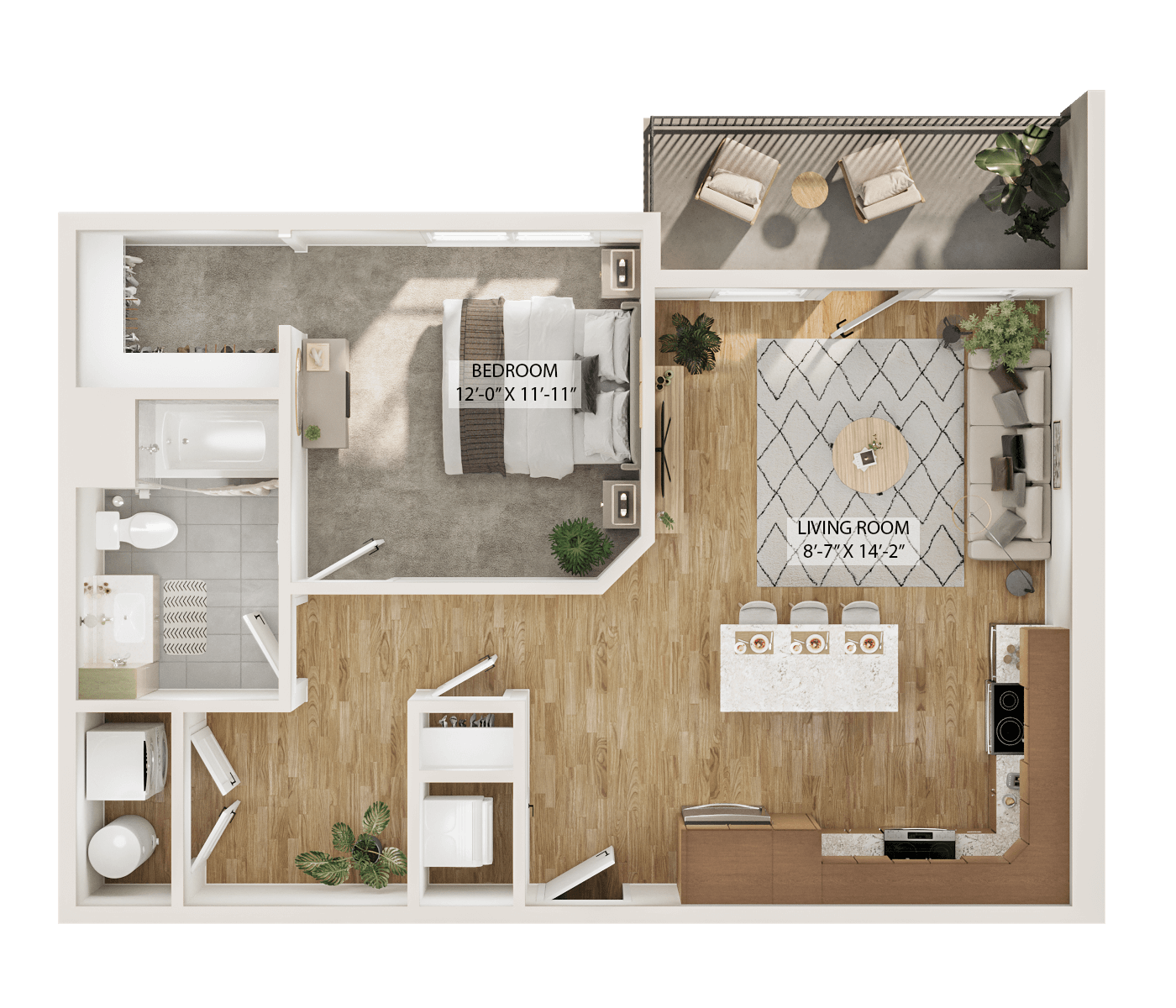Rendering of the 1 Bed/1 Bath-A3 floor plan with 1 bedroom[s] and 1 bathroom[s] at Piper