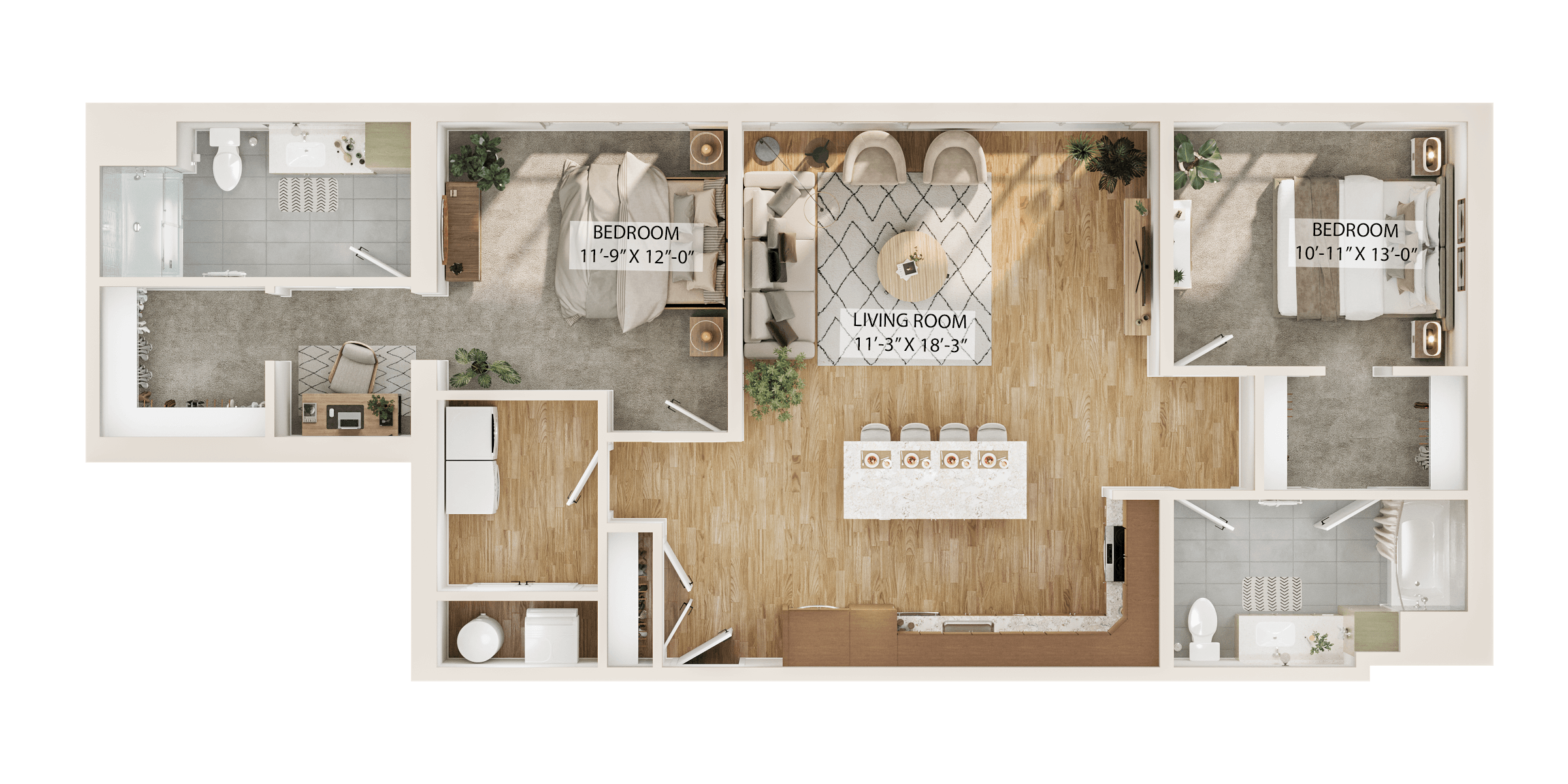 Rendering of the 2 Bed/2 Bath-B2 floor plan with 2 bedroom[s] and 2 bathroom[s] at Piper