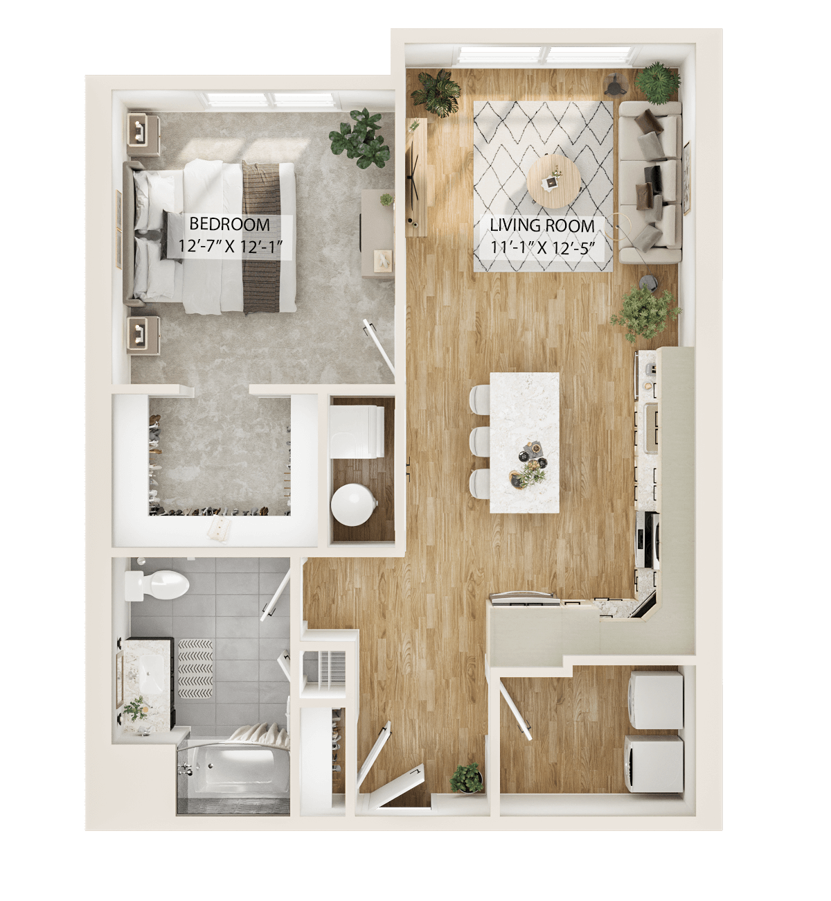 Rendering of the 1 Bed/1 Bath-A2 floor plan with 1 bedroom[s] and 1 bathroom[s] at Piper