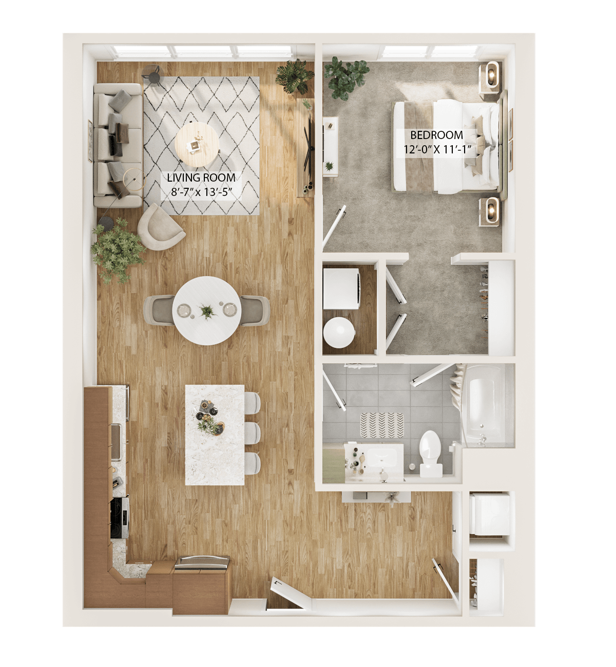 Rendering of the 1 Bed/1 Bath Den-A1D floor plan with 1 bedroom[s] and 1 bathroom[s] at Piper