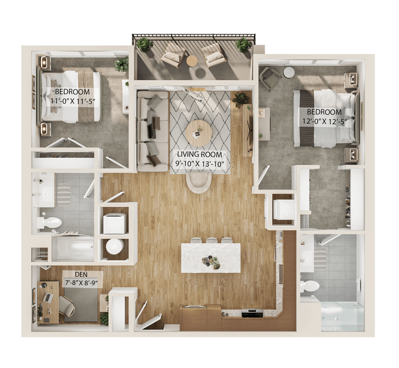 Rendering of the 2 Bed/2 Bath Den-B1D floor plan with 2 bedroom[s] and 2 bathroom[s] at Piper