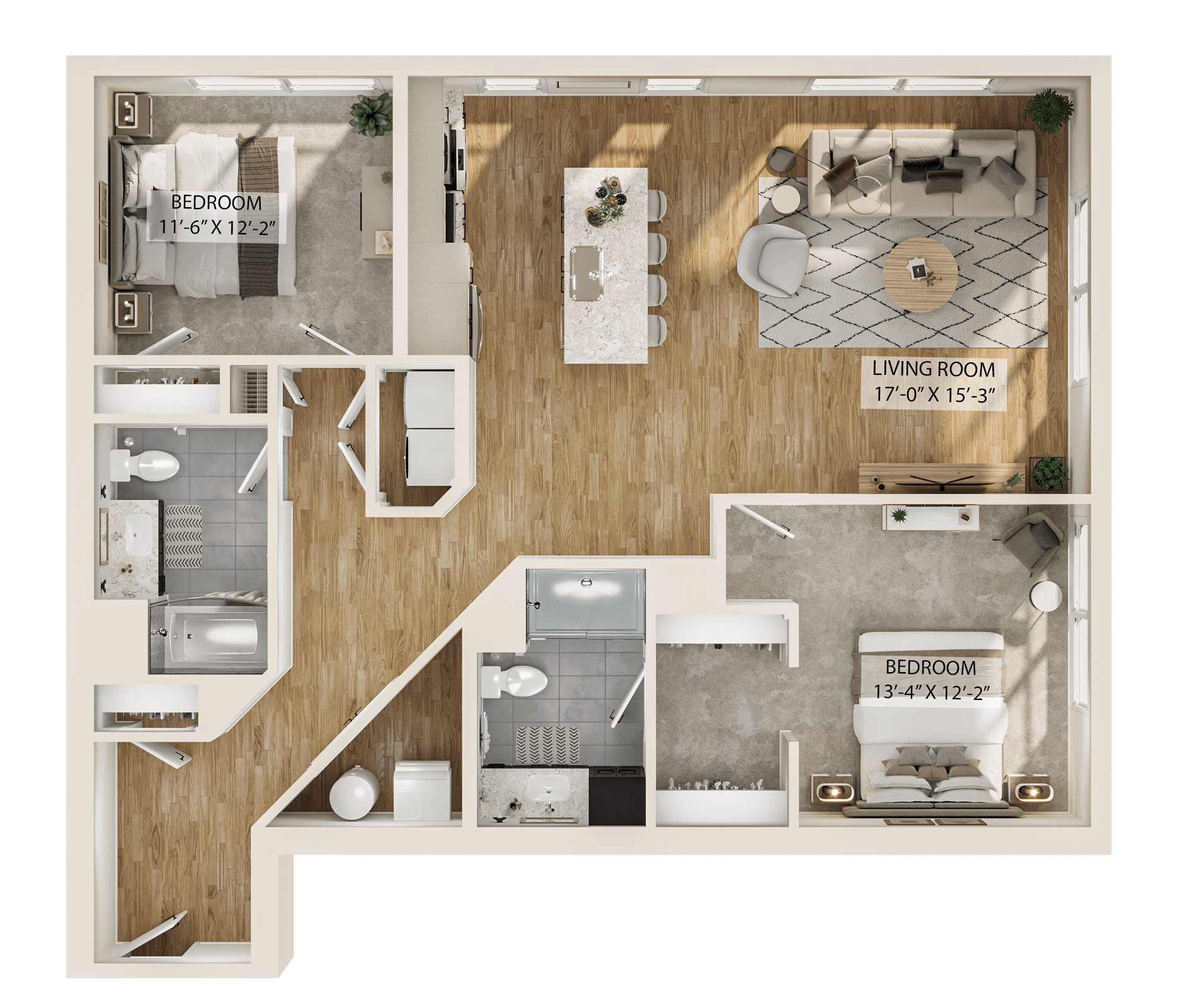 Rendering of the 2 Bed/2 Bath-B4 floor plan with 2 bedroom[s] and 2 bathroom[s] at Piper