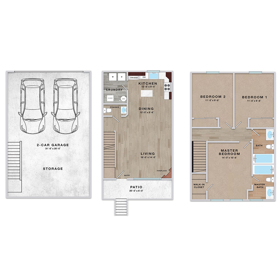 3x2.5 - 1280 sqft - SC1 floor plan