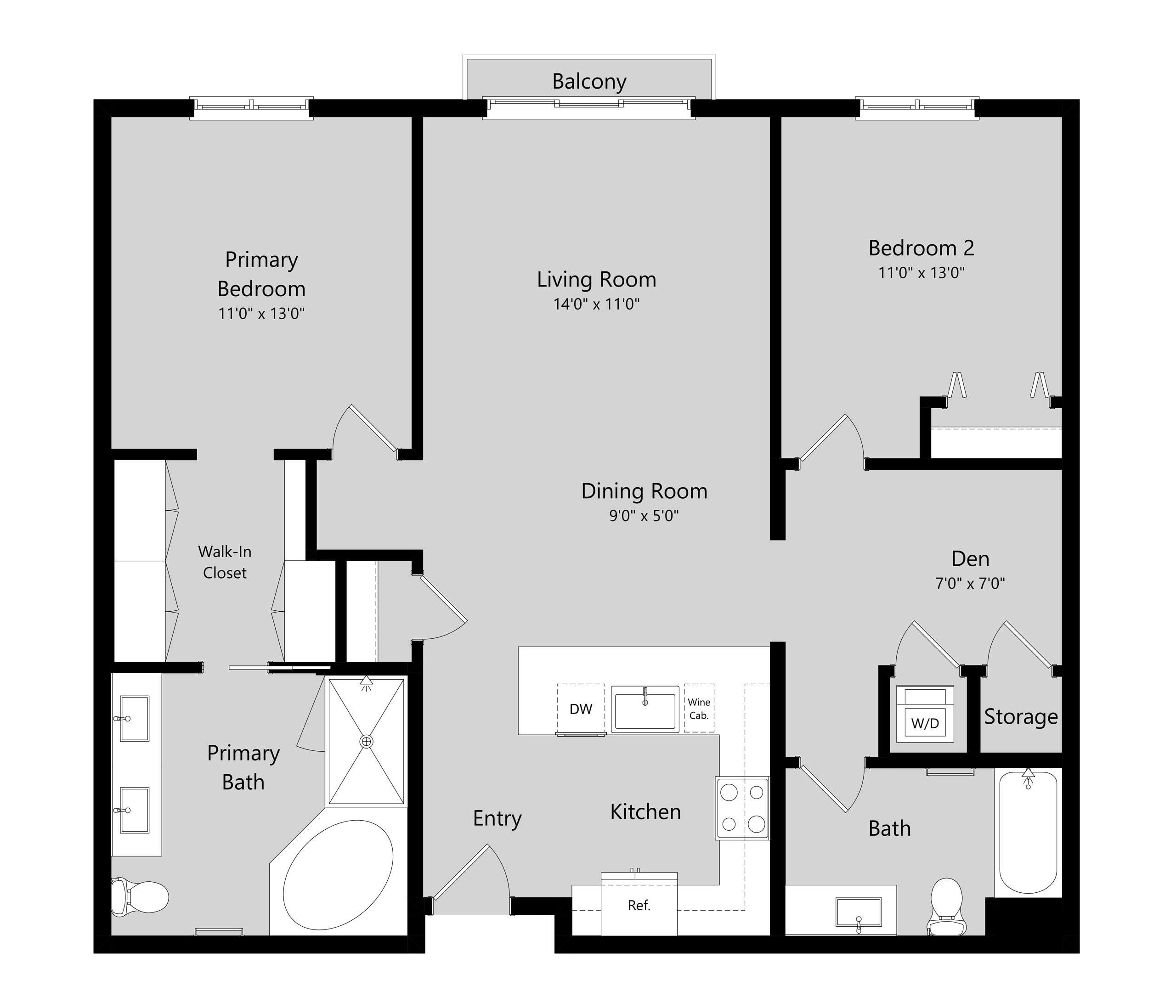2 Bed 2 Bath Flat + Den A floor plan