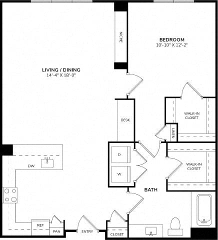 Rendering of the A8 floor plan with 1 bedroom[s] and 1 bathroom[s] at Windsor South Lamar