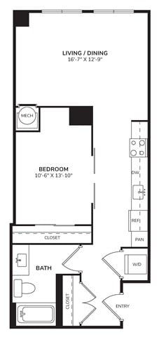 Rendering of the O5 floor plan with 1 bedroom[s] and 1 bathroom[s] at Stratus