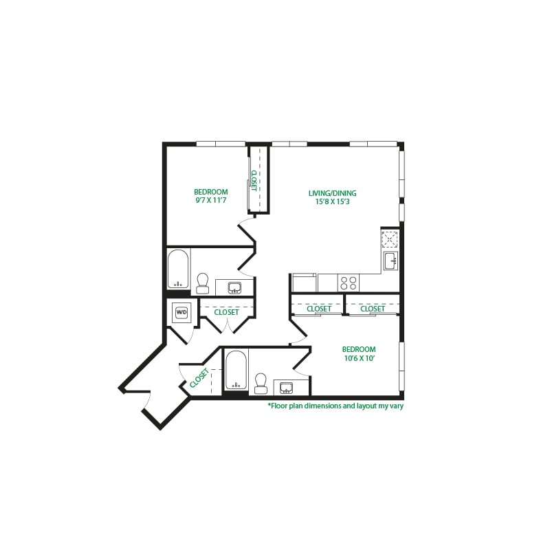 #4042 - 2 bedroom floorplan layout with 2 bathrooms and 957 square feet