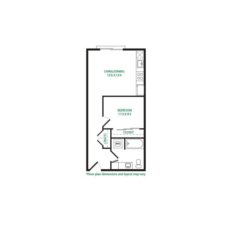 #7055 - 1 bedroom floorplan layout with 1 bathroom and 589 square feet