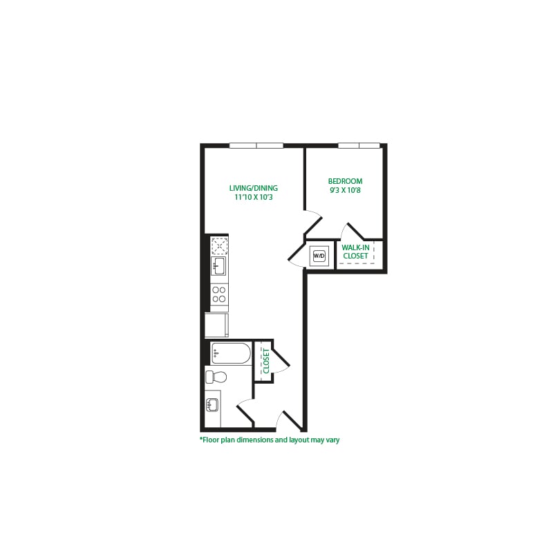 #5057 - 1 bedroom floorplan layout with 1 bathroom and 606 square feet