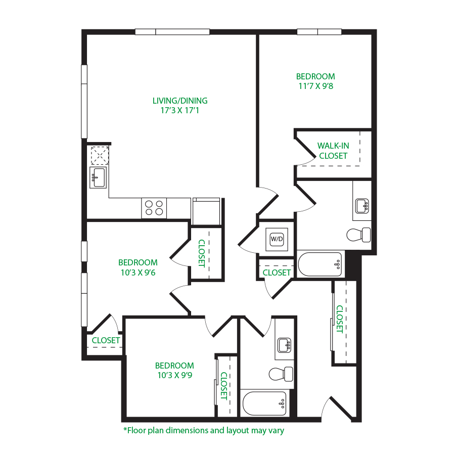 #6100 - 3 bedroom floorplan layout with 2 bathrooms and 1213 square feet