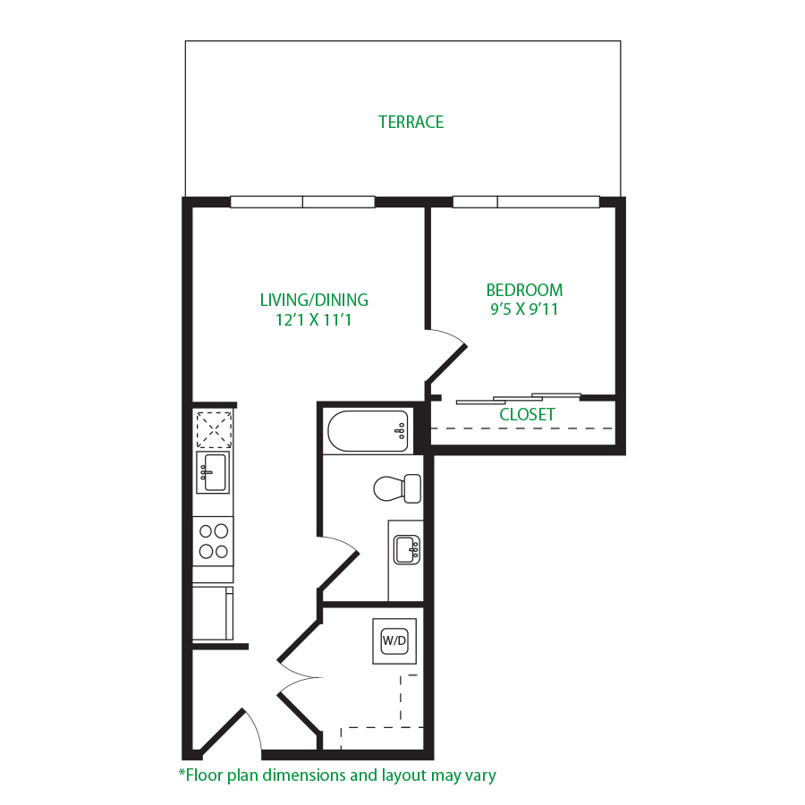 #7043 - 1 bedroom floorplan layout with 1 bathroom and 531 square feet