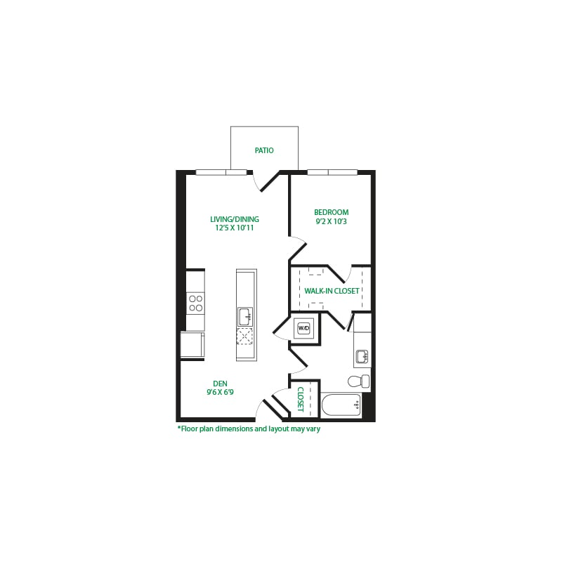 #2002 - 1 bedroom floorplan layout with 1 bathroom and 709 square feet