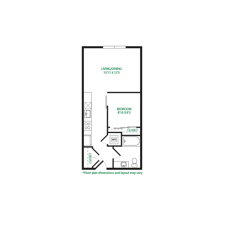 #5105 - 1 bedroom floorplan layout with 1 bathroom and 605 square feet