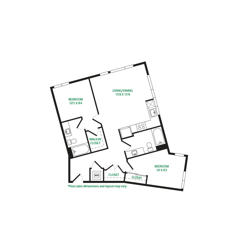 #4109 - 2 bedroom floorplan layout with 2 bathrooms and 952 square feet