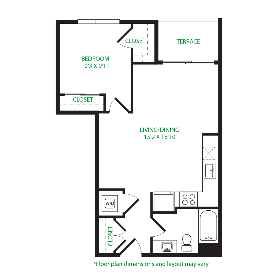 #5051 - 1 bedroom floorplan layout with 1 bathroom and 671 square feet