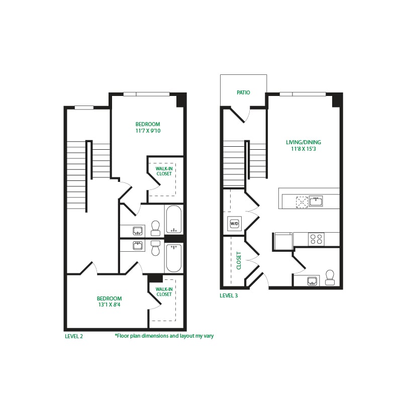 #1007 - 2 bedroom floorplan layout with 2.5 bathrooms and 1304 square feet