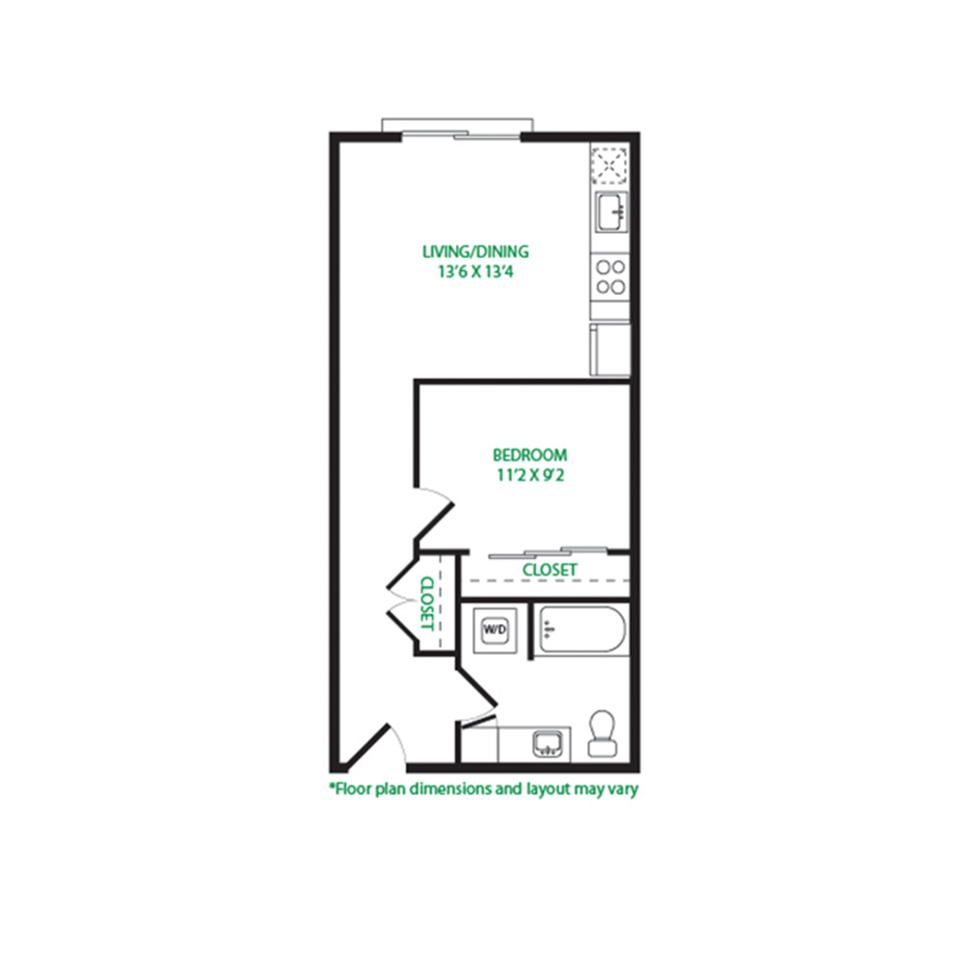 #7055 - 1 bedroom floorplan layout with 1 bathroom and 589 square feet