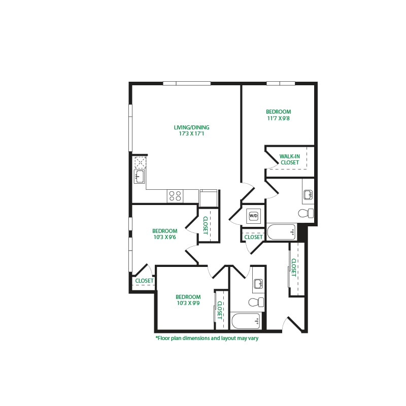#6100 - 3 bedroom floorplan layout with 2 bathrooms and 1213 square feet