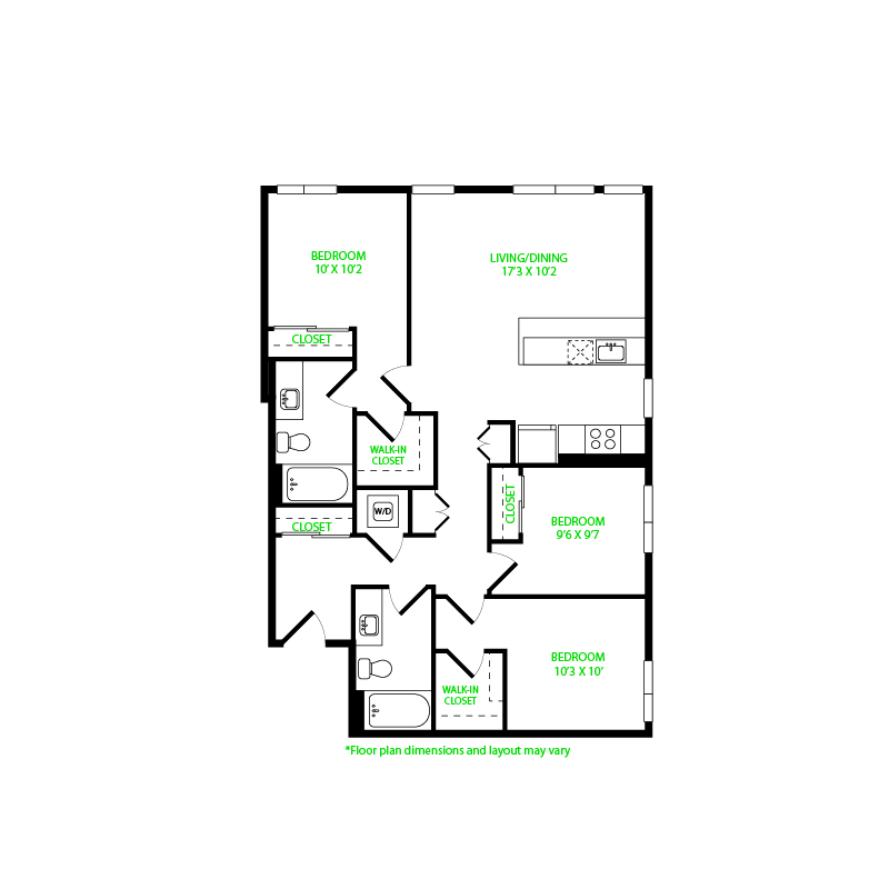 #5058 - 3 bedroom floorplan layout with 2 bathrooms and 1147 square feet