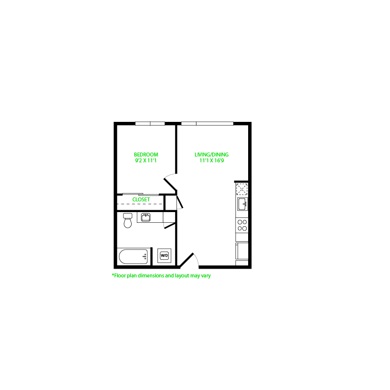 #3089 - 1 bedroom floorplan layout with 1 bathroom and 531 square feet