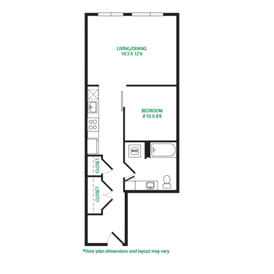 #6075 - 1 bedroom floorplan layout with 1 bathroom and 620 square feet