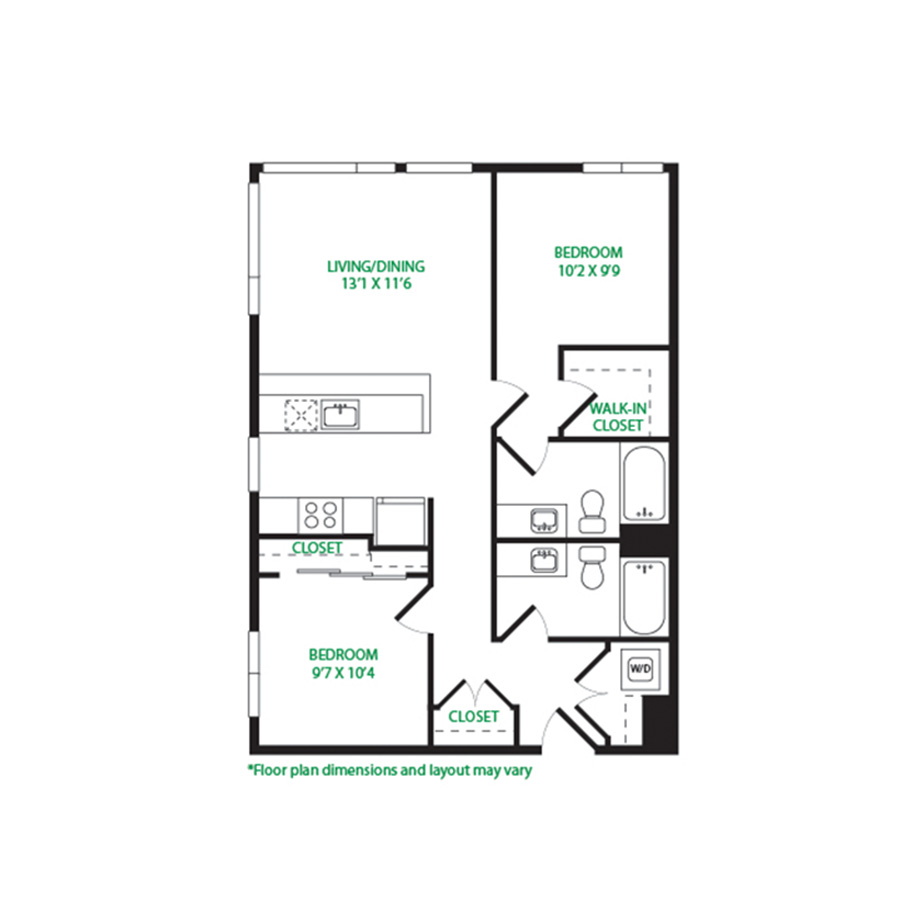 #7029 - 2 bedroom floorplan layout with 2 bathrooms and 882 square feet