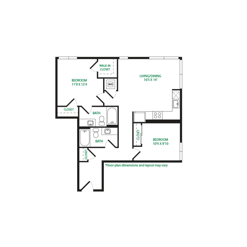 #3014 - 2 bedroom floorplan layout with 2 bathrooms and 955 square feet