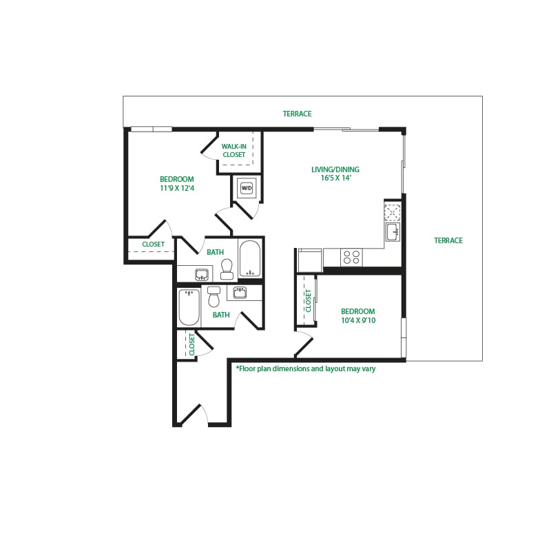 #3014 - 2 bedroom floorplan layout with 2 bathrooms and 955 square feet