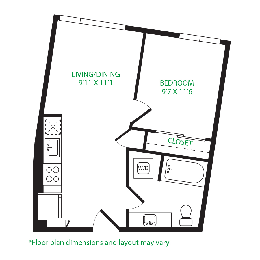 #5110 - 1 bedroom floorplan layout with 1 bathroom and 528 square feet