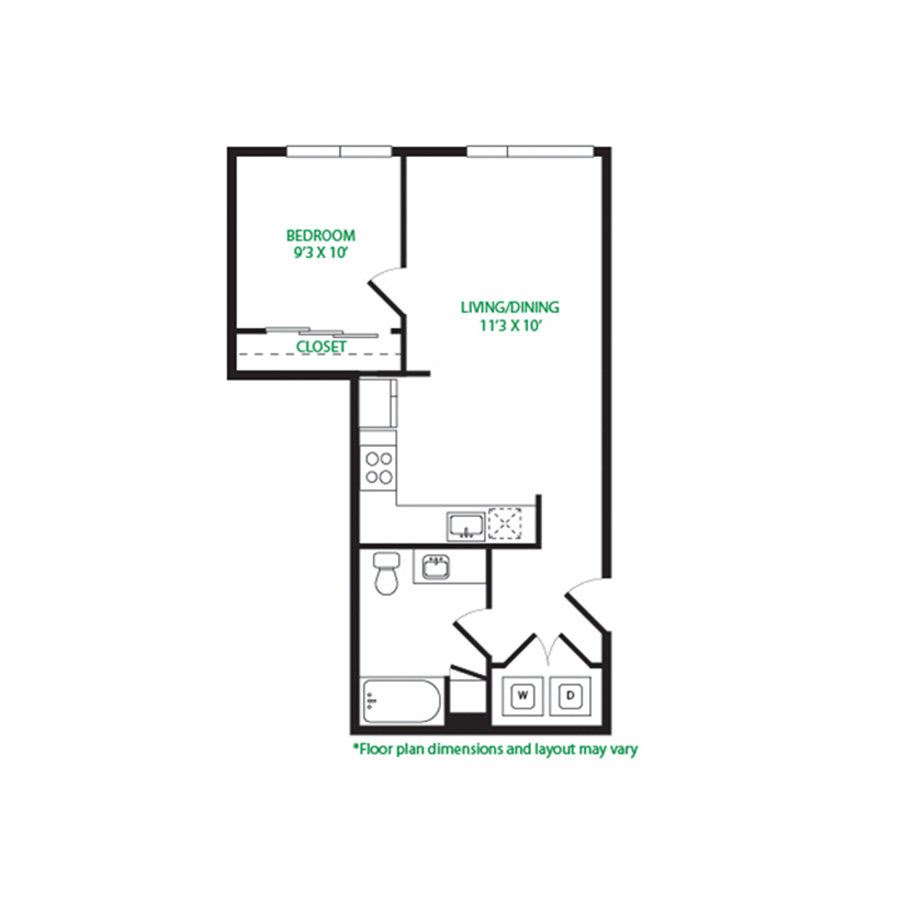 #4018 - 1 bedroom floorplan layout with 1 bathroom and 677 square feet