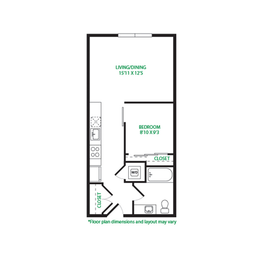 #6102 - 1 bedroom floorplan layout with 1 bathroom and 605 square feet
