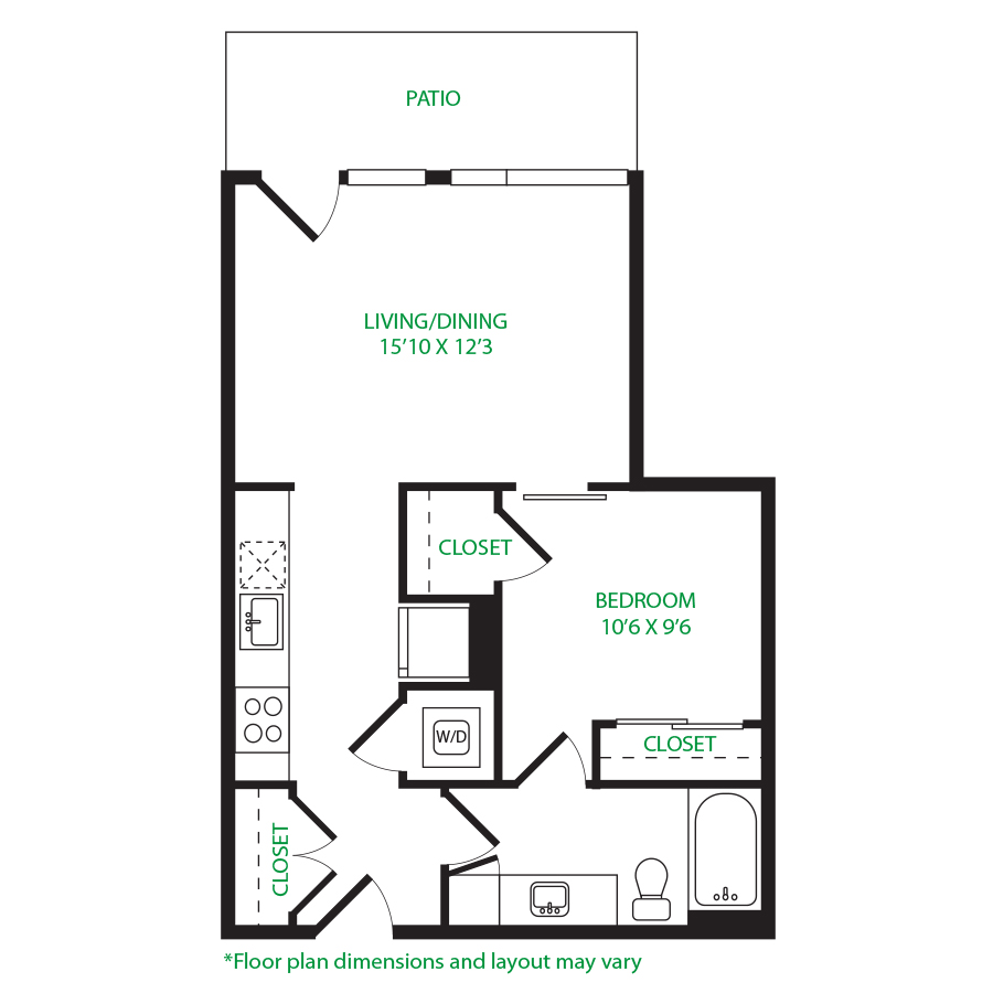 #2071 - 1 bedroom floorplan layout with 1 bathroom and 629 square feet
