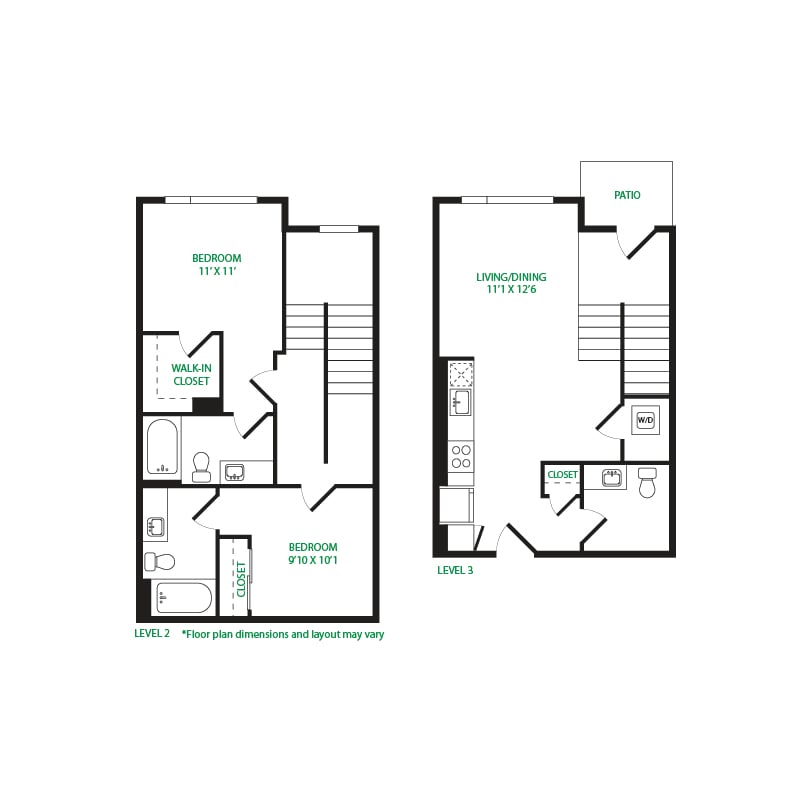#1056 - 2 bedroom floorplan layout with 2.5 bathrooms and 1074 square feet