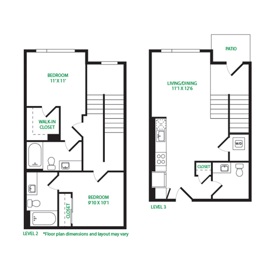 #1056 - 2 bedroom floorplan layout with 2.5 bathrooms and 1074 square feet