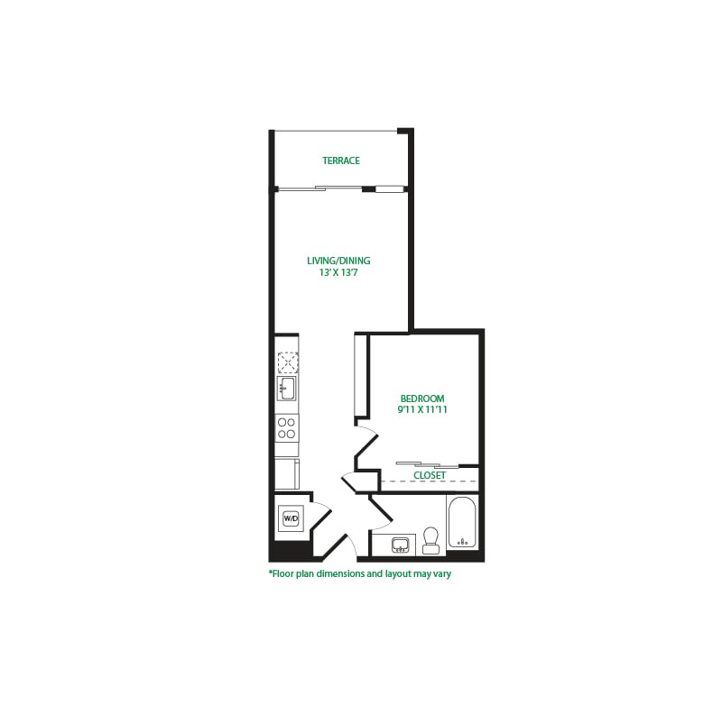 #7020 - 1 bedroom floorplan layout with 1 bathroom and 603 square feet
