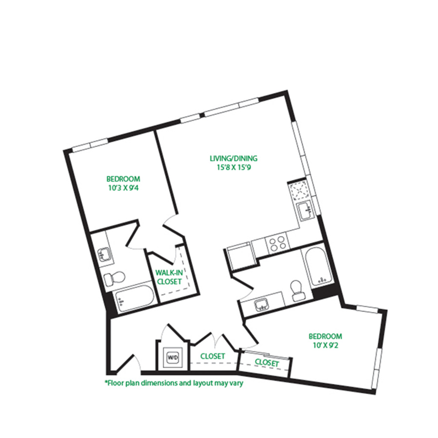 #5109 - 2 bedroom floorplan layout with 2 bathrooms and 952 square feet