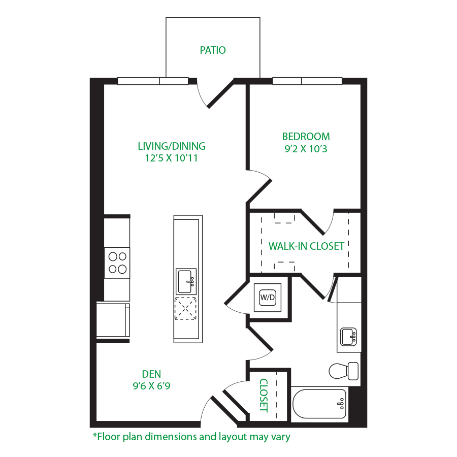 #2002 - 1 bedroom floorplan layout with 1 bathroom and 709 square feet