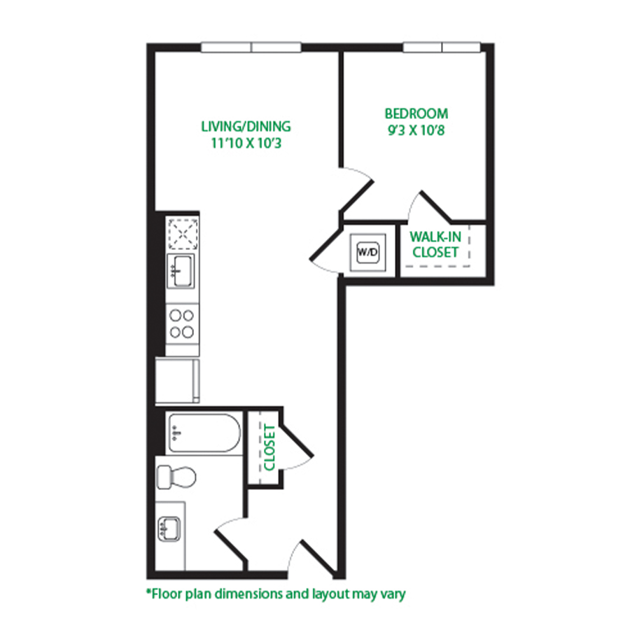 #4057 - 1 bedroom floorplan layout with 1 bathroom and 606 square feet